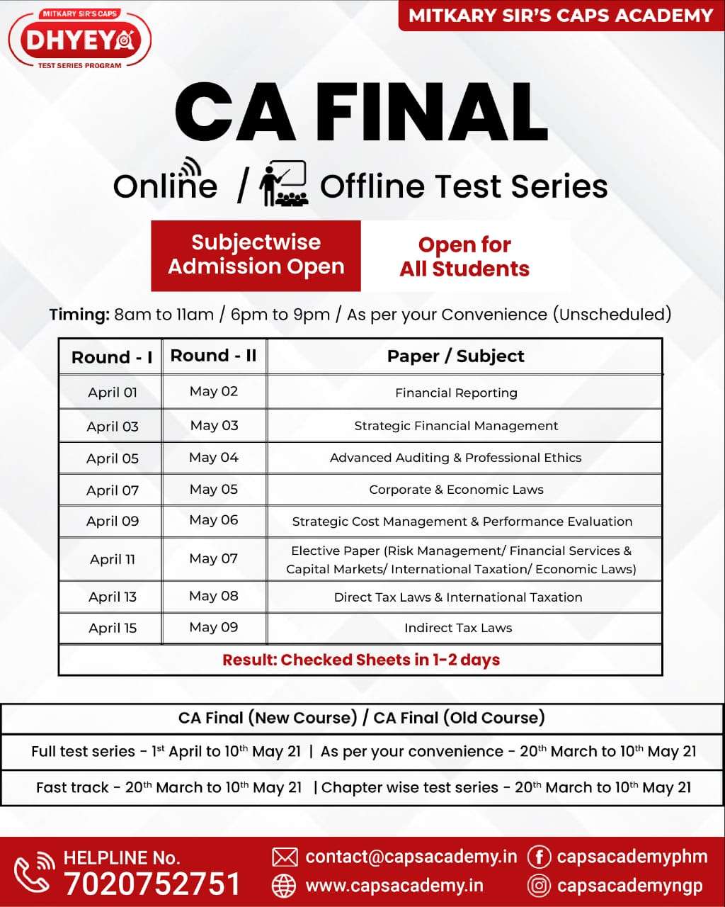 CA Final Test Series Time Table
